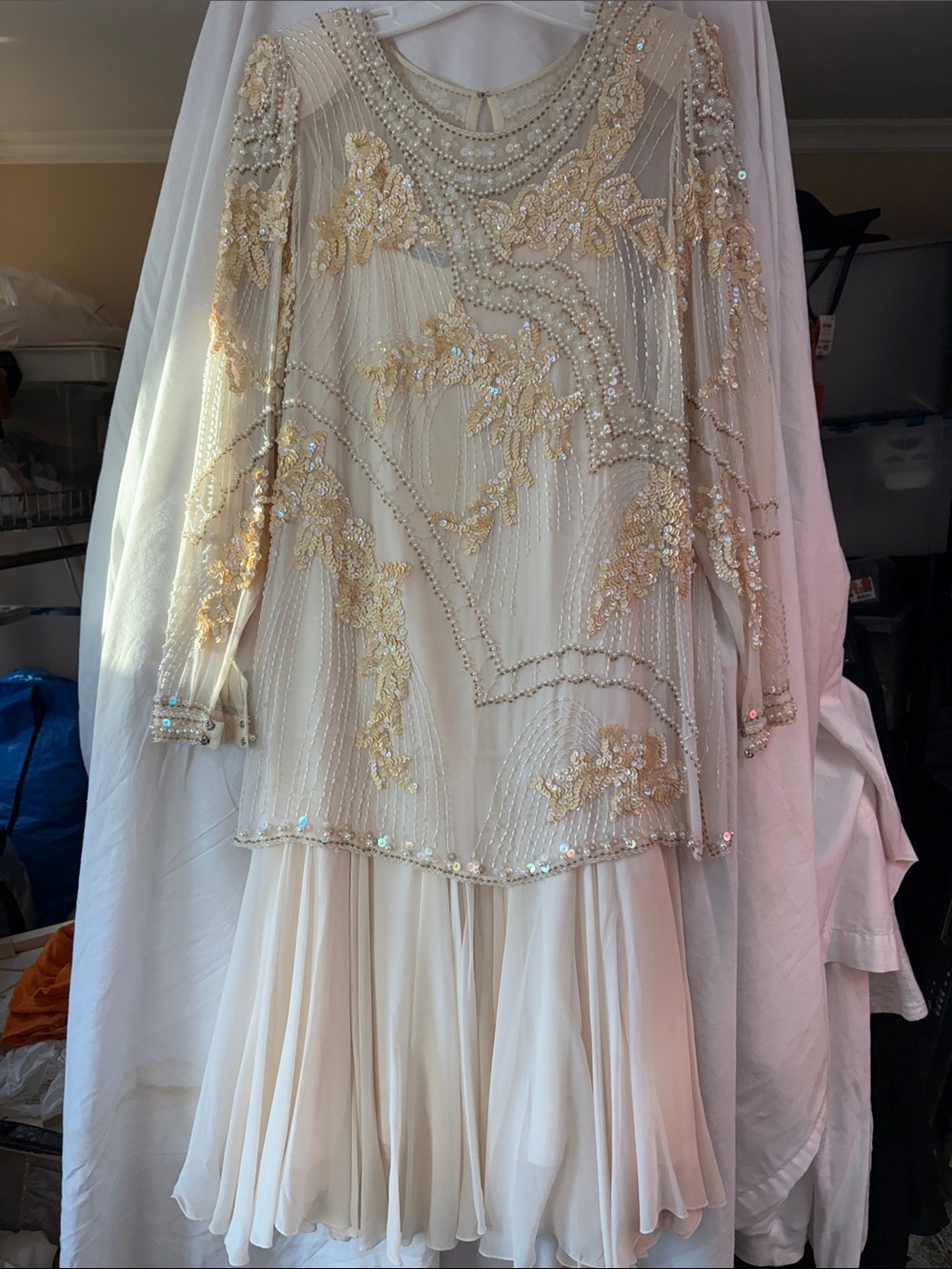 Vintage SWEE LO Embellished Cream Beaded Long-Sleeve Dress